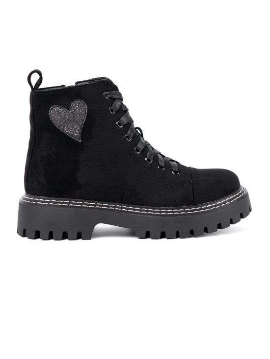 Black Lace-Up Ankle Boots with Shiny Heart