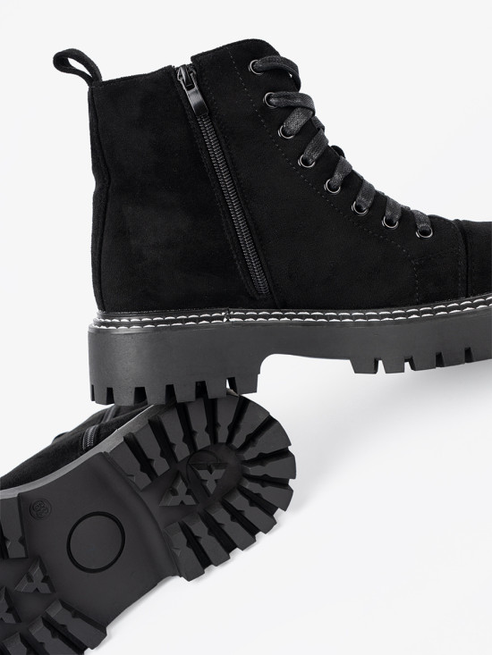 Black Lace-Up Ankle Boots with Shiny Heart