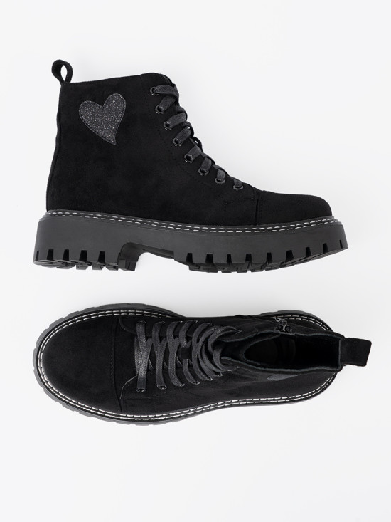 Black Lace-Up Ankle Boots with Shiny Heart