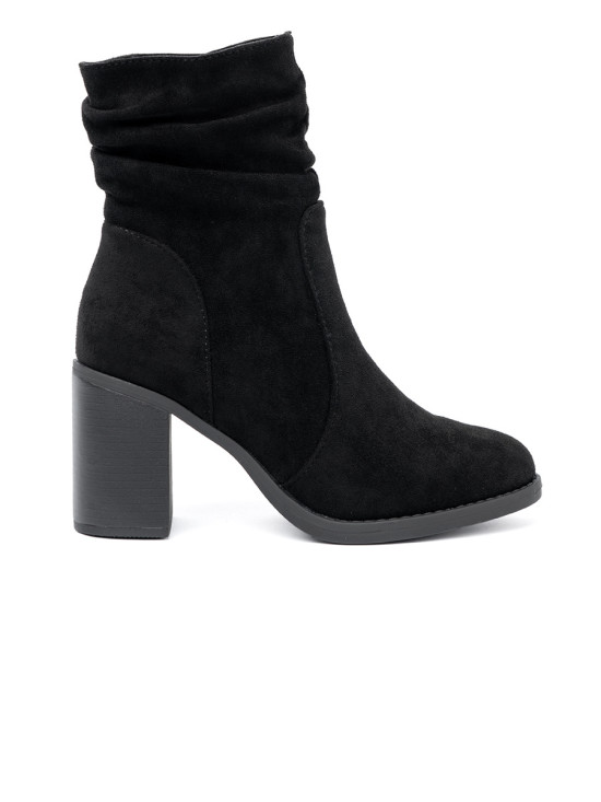 Elegant Black Ankle Boots with Block Heel and Gathered Shaft