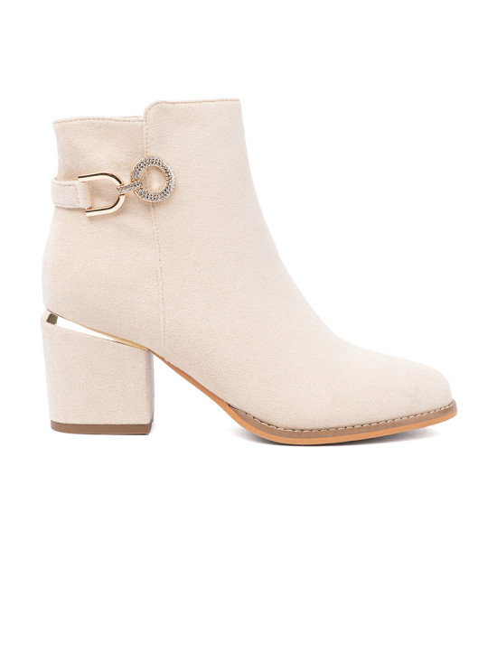Light Beige Ankle Boots with Block Heel and Decorative Buckle