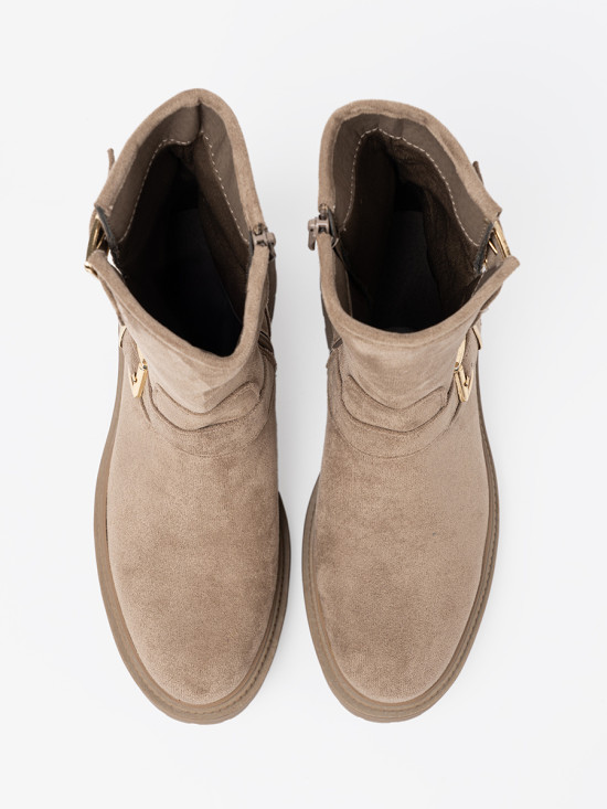 Beige Suede Ankle Boots with Decorative Buckles