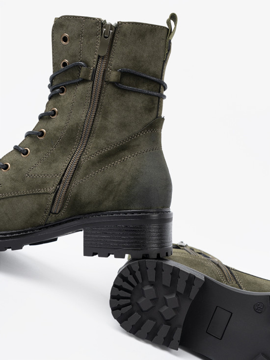 Dark Green Lace-Up Ankle Boots with Low Heel