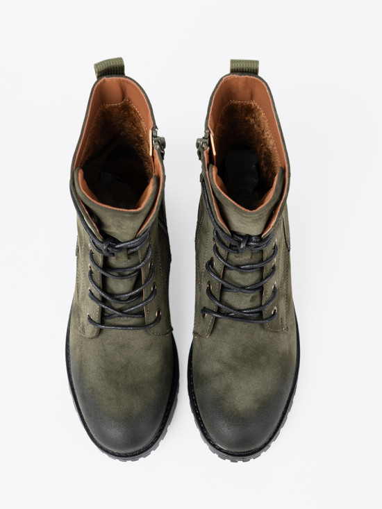 Dark Green Lace-Up Ankle Boots with Low Heel