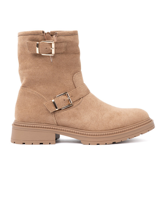 Caramel ankle boots with decorative gold buckles