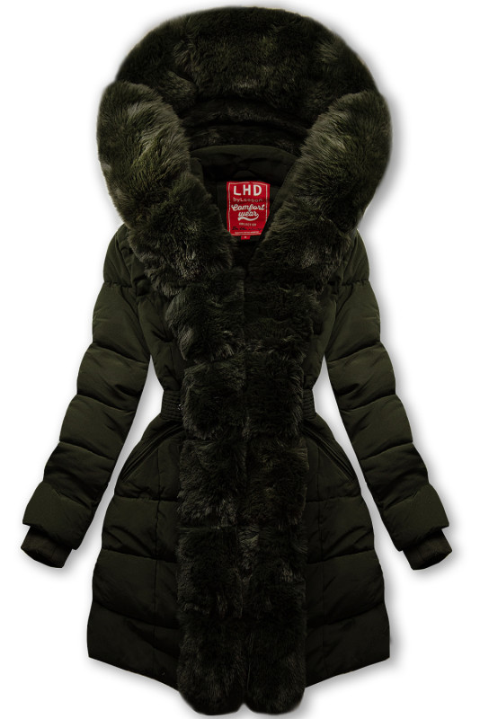 Dark green winter jacket with belt and fur