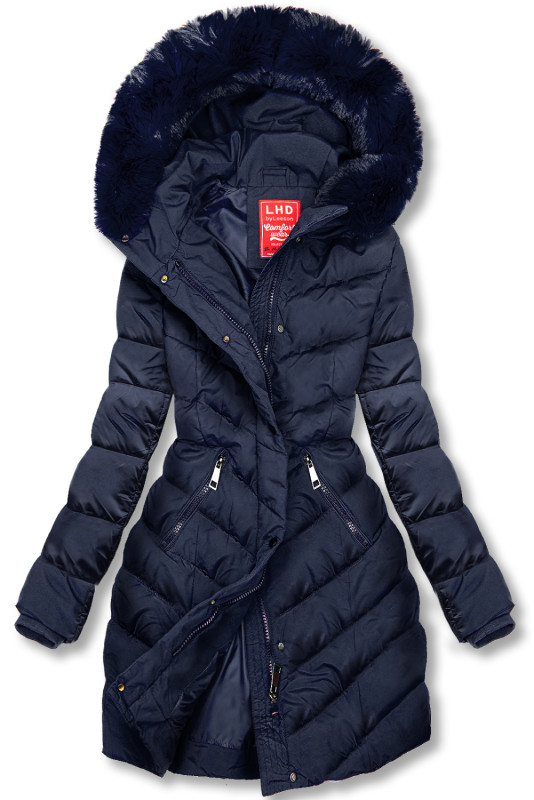 Dark blue winter jacket shaped for wider hips
