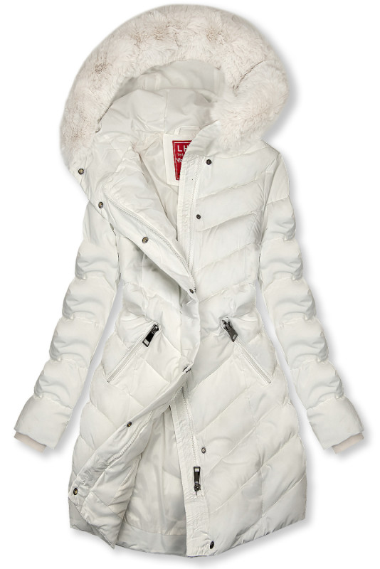 Creamy white winter jacket shaped for wider hips