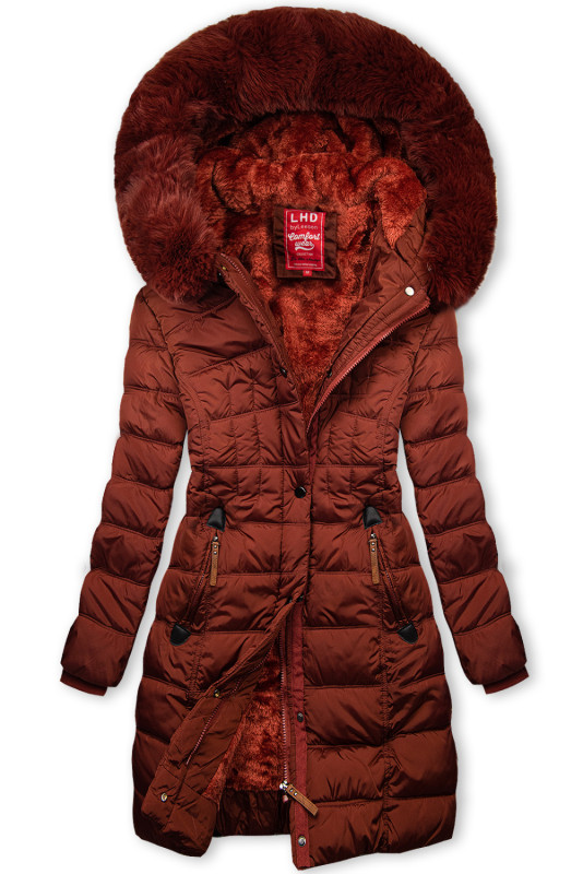 Brick brown winter jacket with plush and faux fur