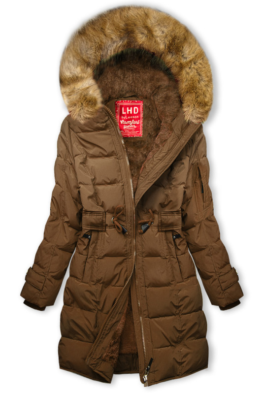 Brown winter jacket with drawstring waist