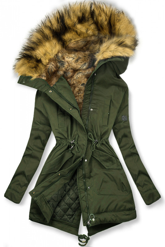 Olive green winter parka with high collar