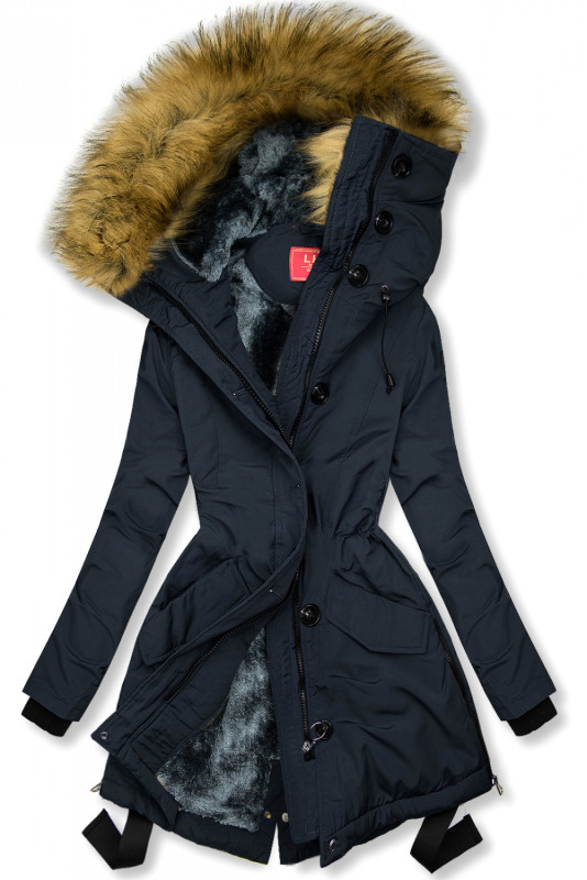 Navy winter jacket with a stand-up collar