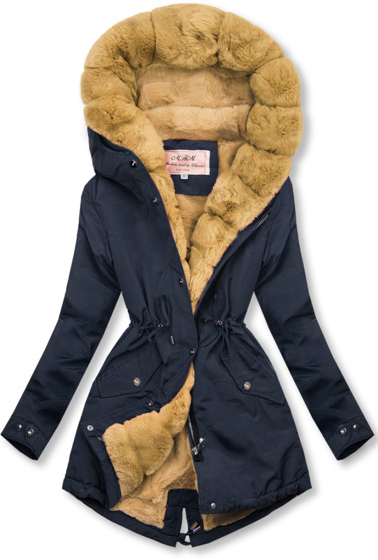 Navy-beige parka jacket with faux fur lining