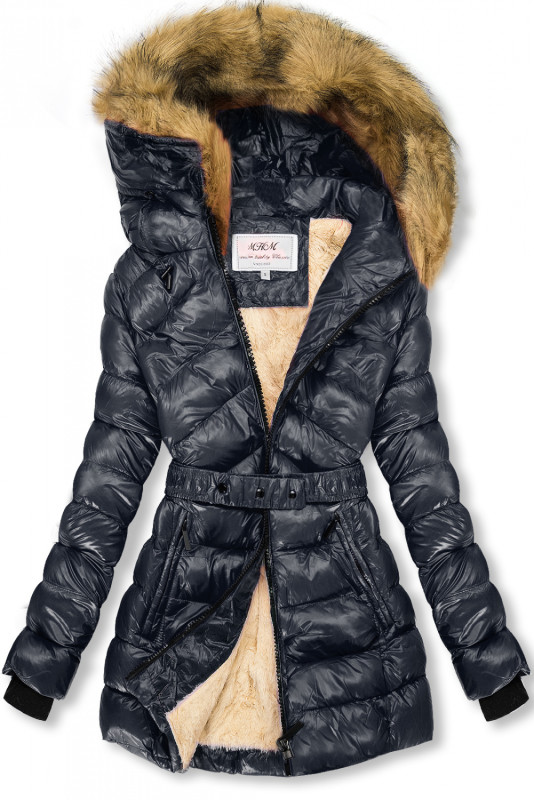 Belted winter jacket in navy/beige