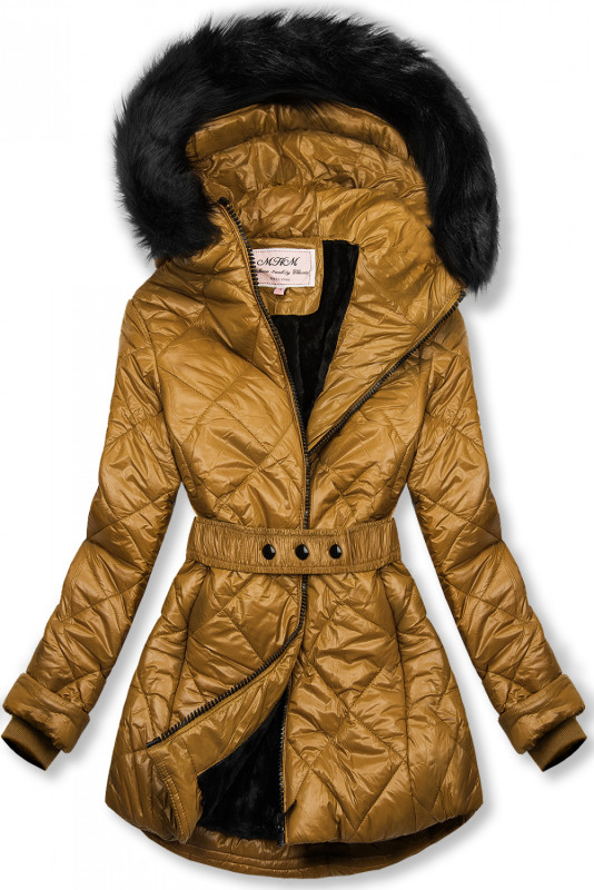 Belted winter jacket in caramel brown