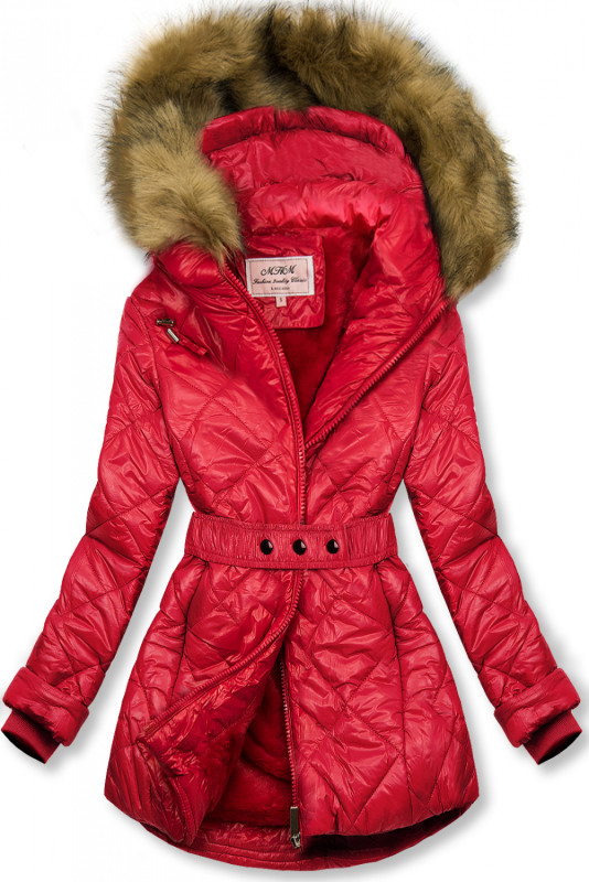 Belted winter jacket in red