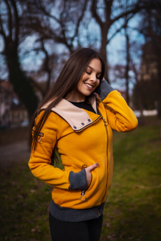 Red hoodie with an asymmetric zip fastening