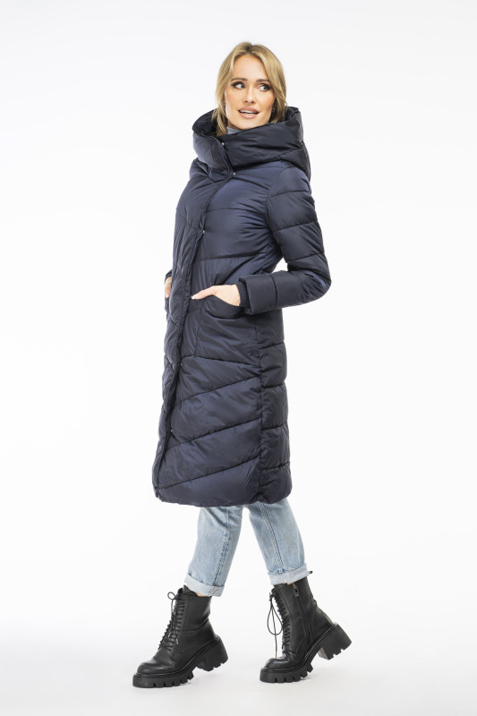 Dark blue winter jacket with a high collar
