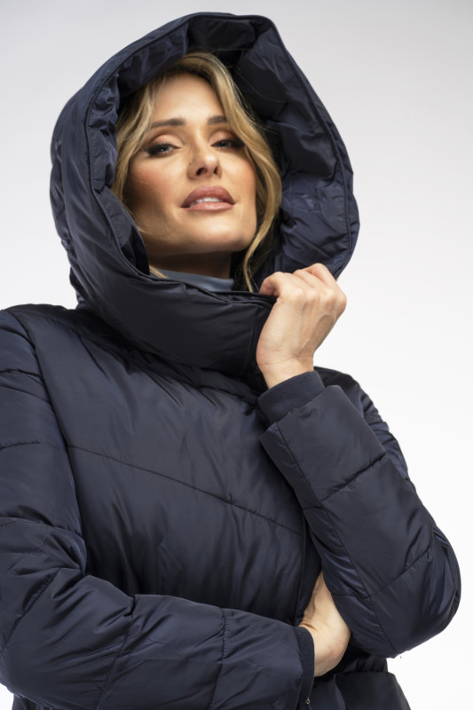 Dark blue winter jacket with a high collar