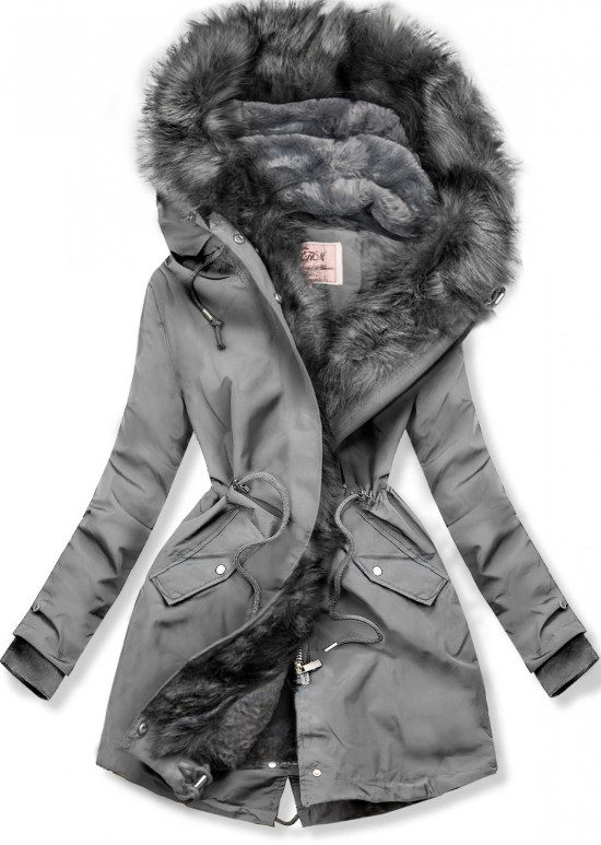 Grey parka jacket for winter with removable lining