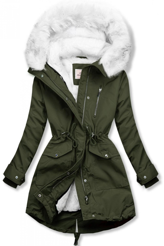 Parka jacket with removable fleece lining in khaki/white