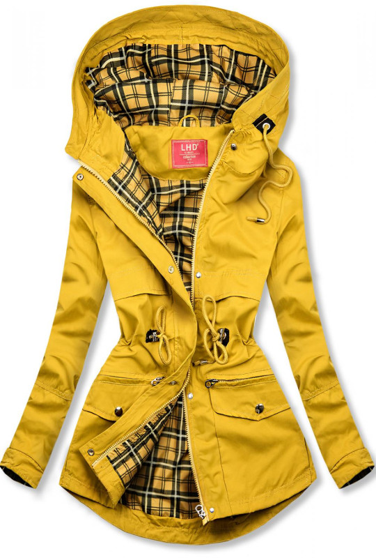 Yellow parka jacket with checked lining