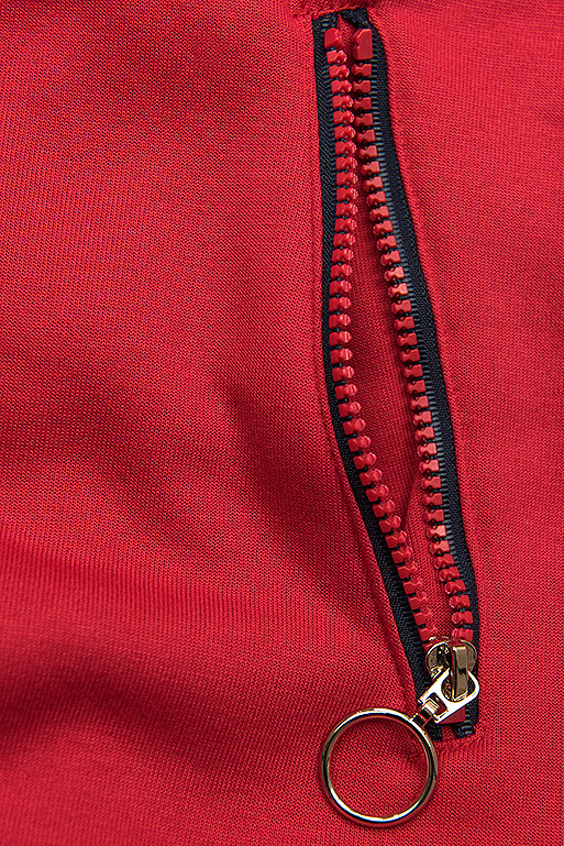 Red hoodie with an asymmetric zip fastening