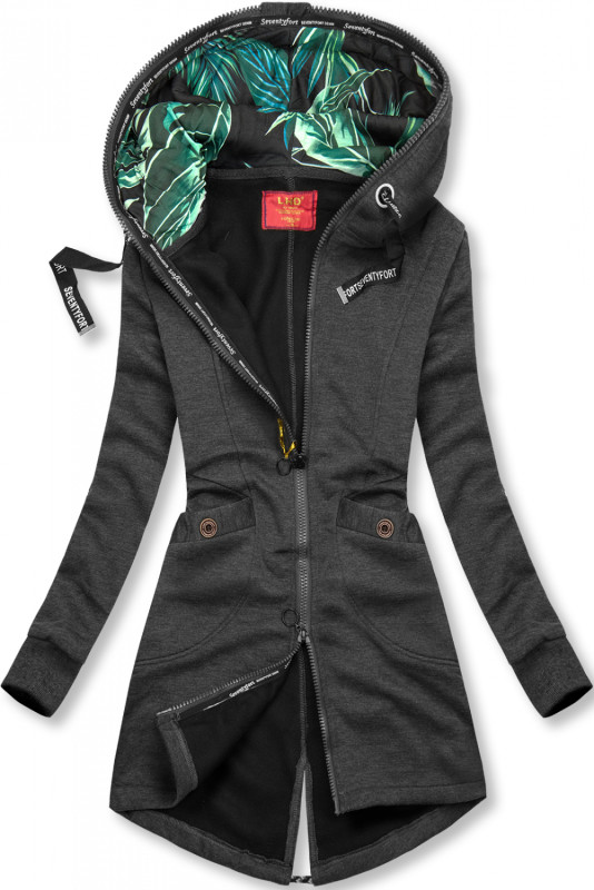 Dark gray sweatshirt with patterned hood lining