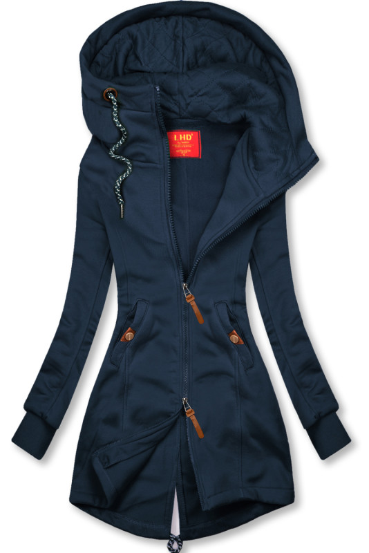 Dark blue elongated hoodie with quilted details