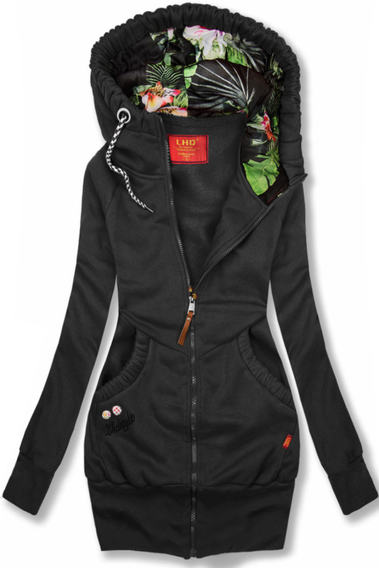 Black sweatshirt jacket with a floral hood lining by LHD