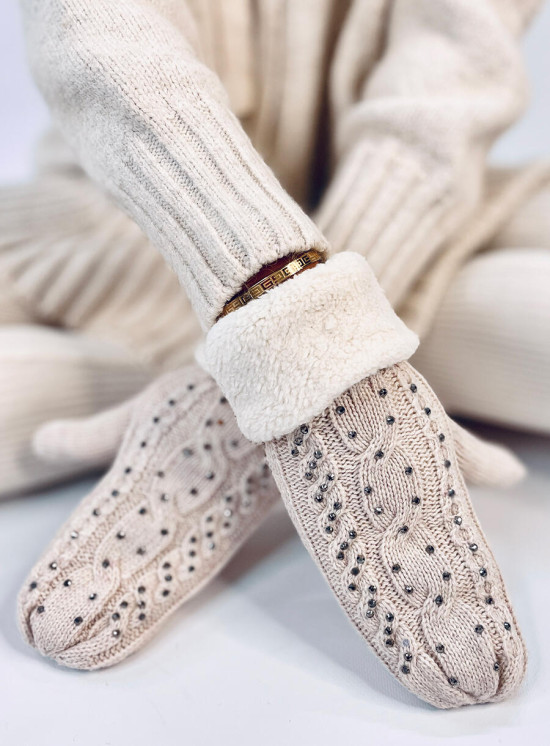 Decorated women's light beige gloves-mittens
