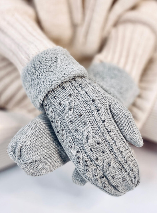 Decorated women's light grey gloves-mittens