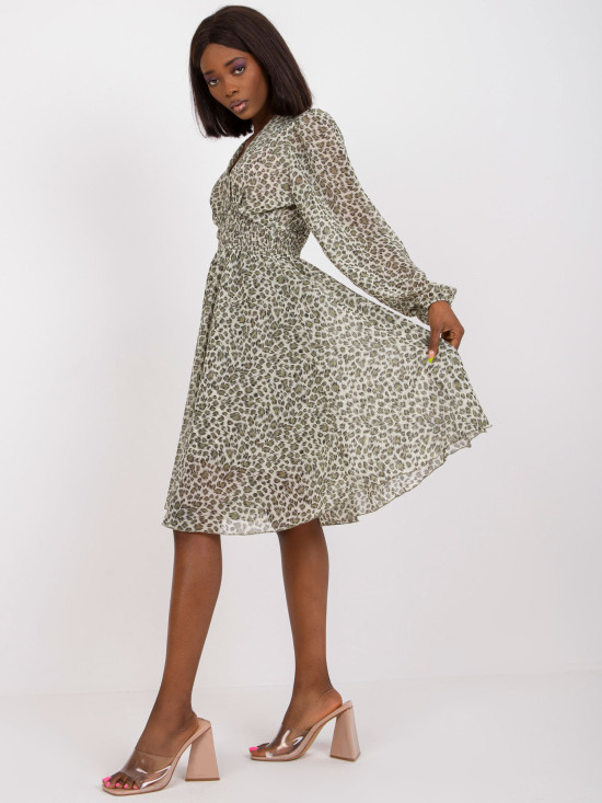 Flared Khaki Dress with Animal Print