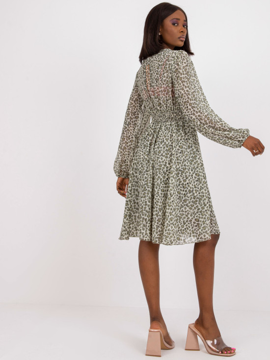 Flared Khaki Dress with Animal Print