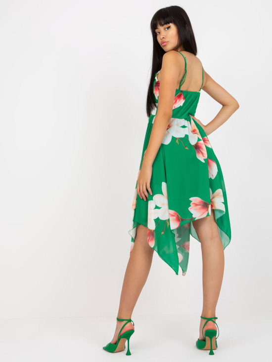 Green Floral Asymmetrical Spaghetti Strap Dress