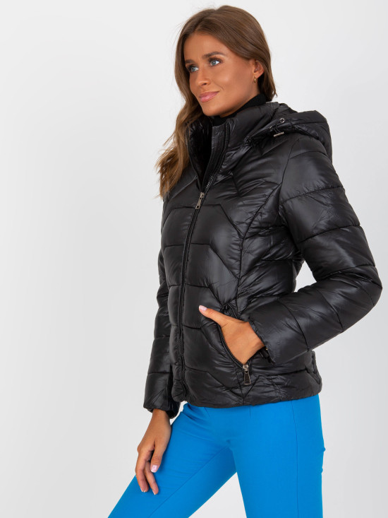 Black Quilted Transitional Jacket with Hood