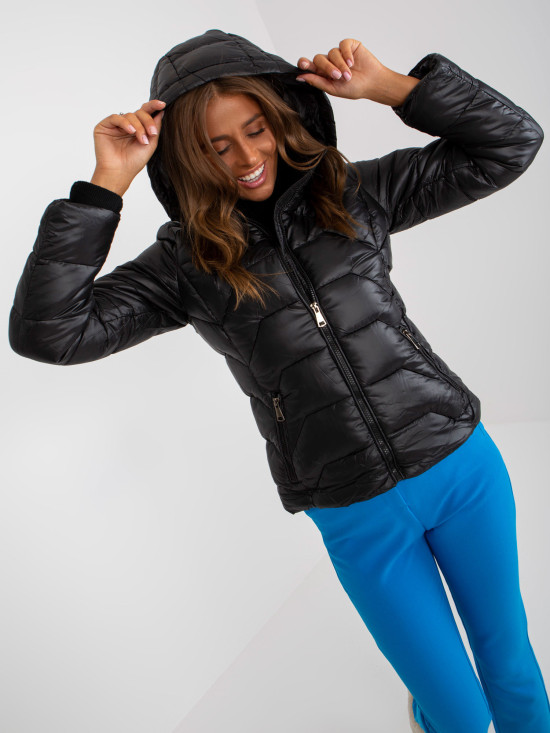 Black Quilted Transitional Jacket with Hood