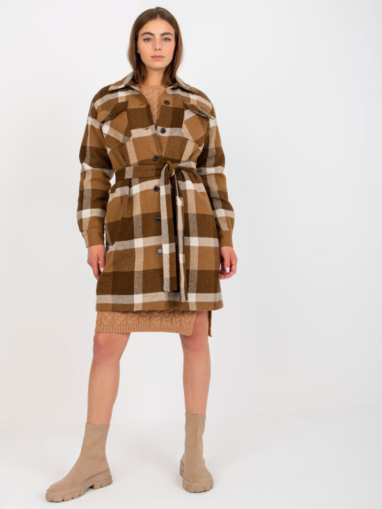 Brown Women's Coat with Checkered Pattern and Button Closure