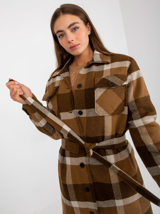 Brown Women's Coat with Checkered Pattern and Button Closure
