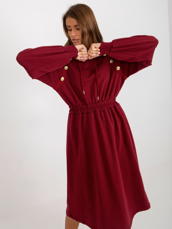 Burgundy Flared Sweat Dress with Waist Elastic