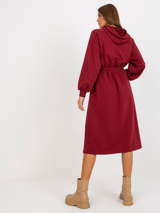 Burgundy Flared Sweat Dress with Waist Elastic