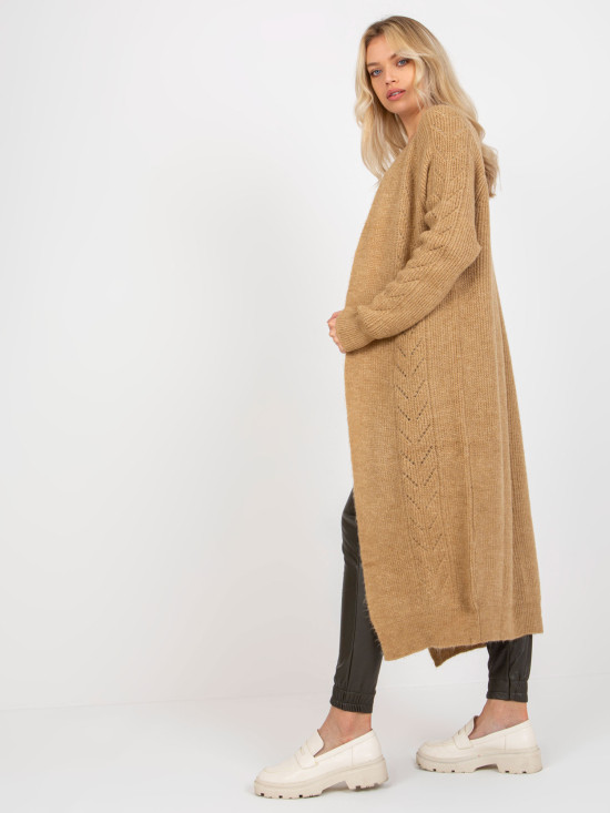 Camel Maxi Cardigan with Openwork Pattern