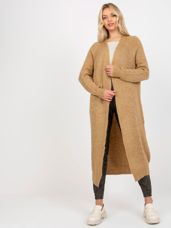 Camel Maxi Cardigan with Openwork Pattern