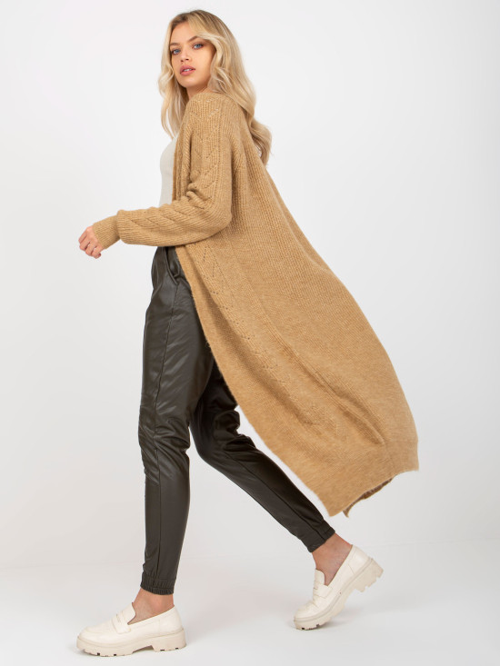 Camel Maxi Cardigan with Openwork Pattern