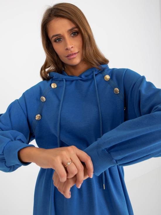 Dark Blue Flared Sweat Dress with Buttons