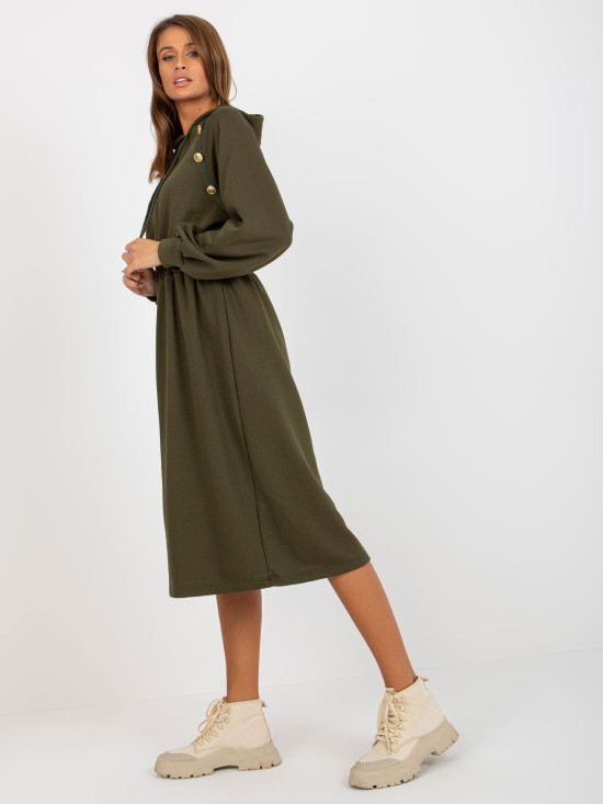Khaki Midi Flared Sweat Dress with Buttons