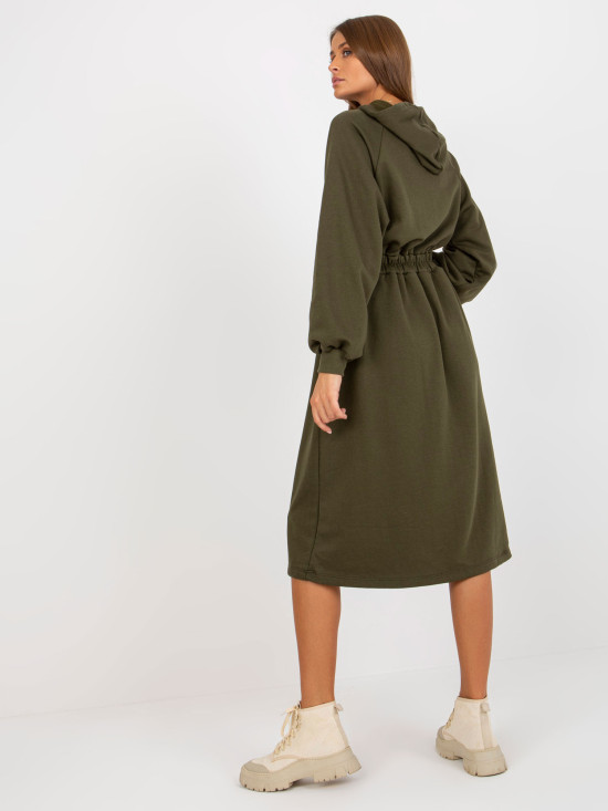 Khaki Midi Flared Sweat Dress with Buttons