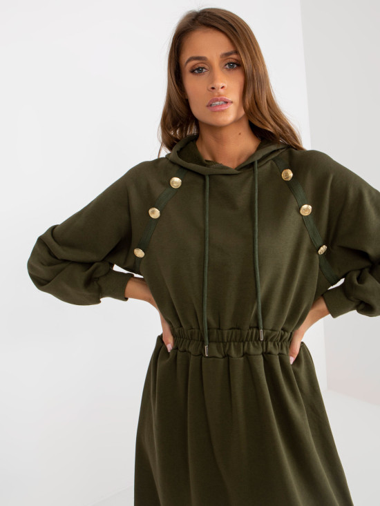 Khaki Midi Flared Sweat Dress with Buttons