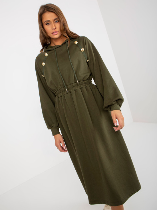 Khaki Midi Flared Sweat Dress with Buttons
