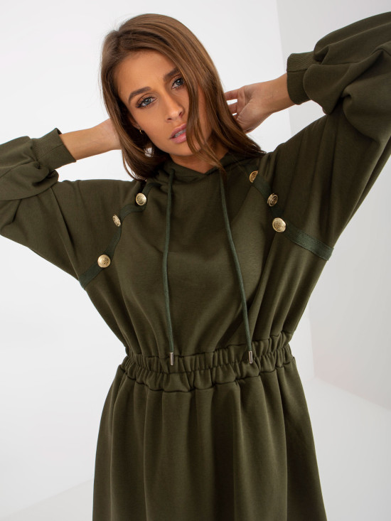 Khaki Midi Flared Sweat Dress with Buttons